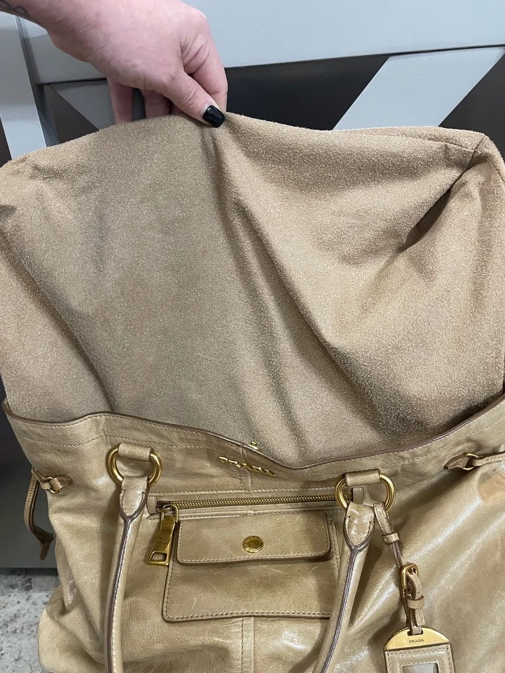 Prada Vitello Shine Distressed Leather Tote Handbag